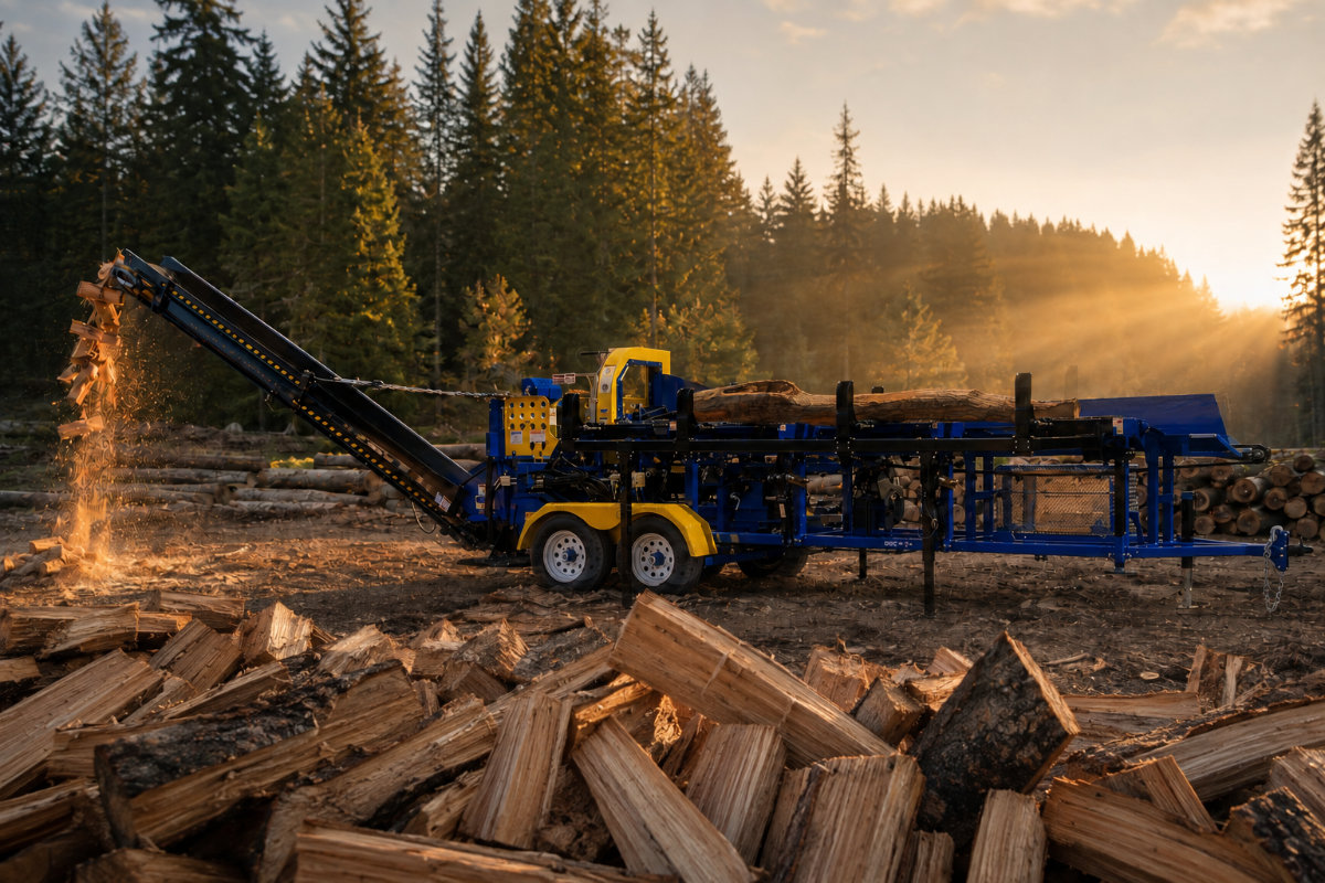 DYNA SC-15 conveying split firewood onto a pile at sunset