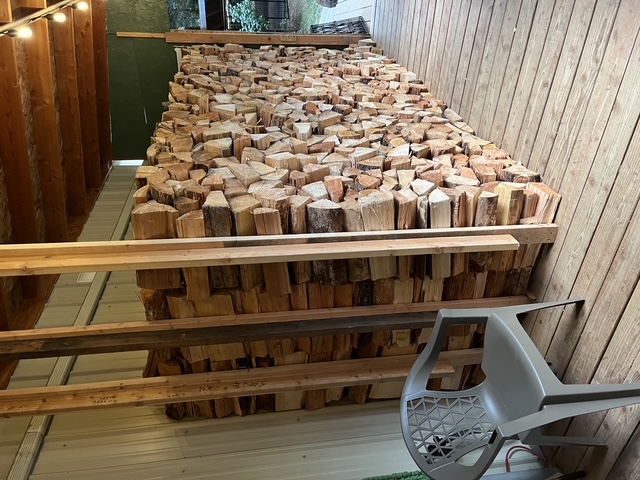 A wall of split firewood piled the length of a covered porch