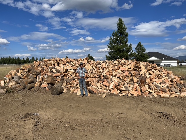 Man in front of a long pile of split firewood under a blue sky