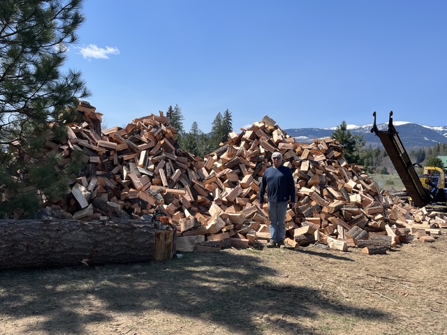 Mountain of split firewood with snowy peaks behind