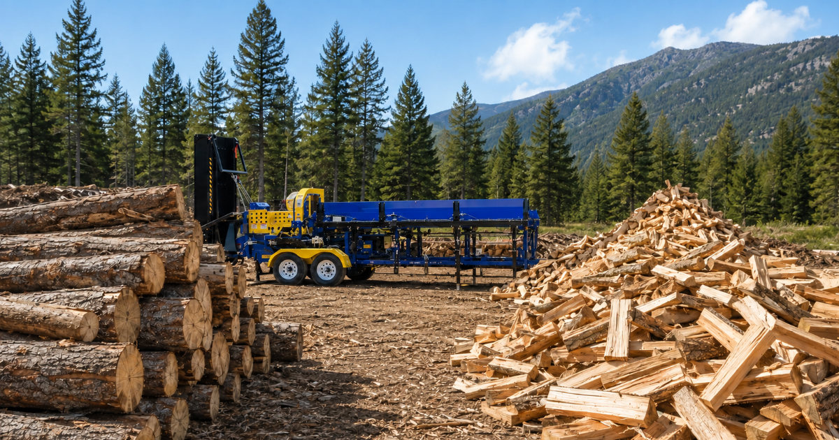 DYNA firewood processor beside raw logs and split firewood in a North Idaho clearing