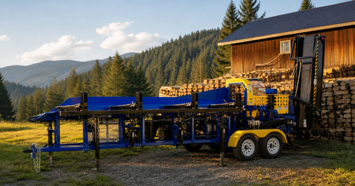 Trailer-mounted DYNA firewood processor parked in a mountain clearing