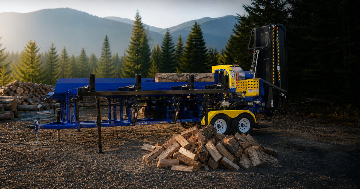 DYNA SC-15 firewood processor feeding a log in a forest clearing