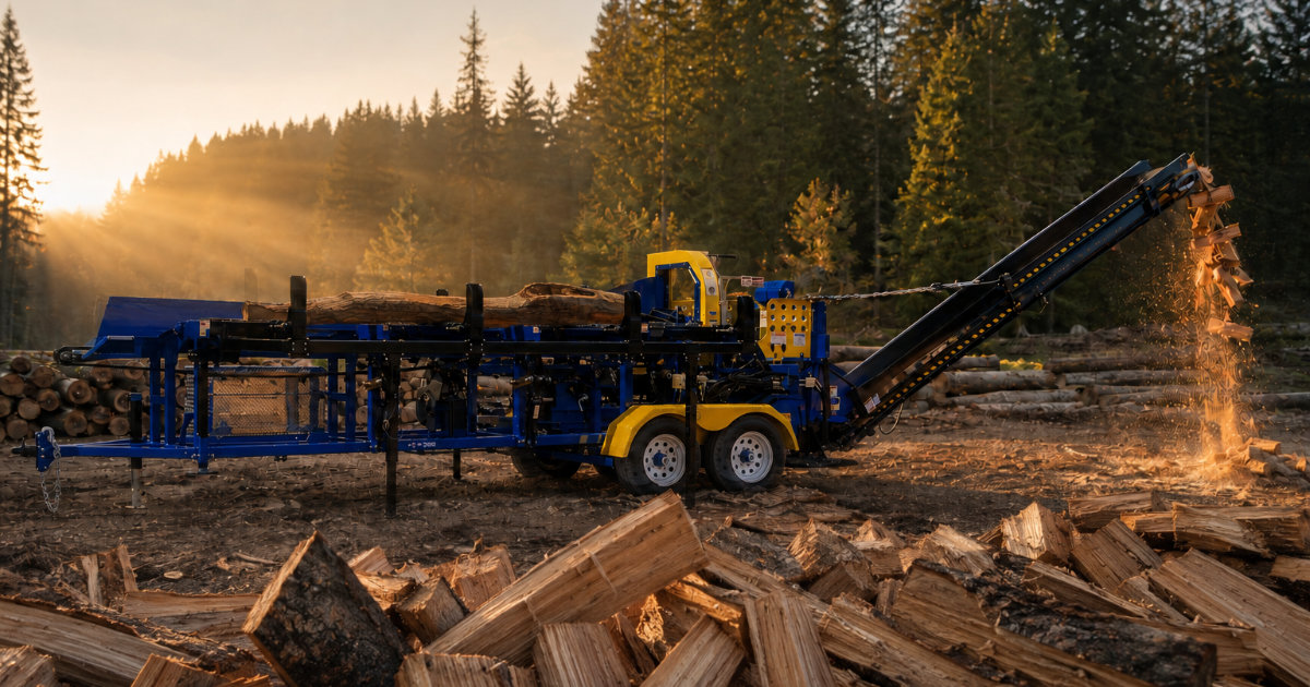 DYNA firewood processor splitting logs onto a conveyor at sunset
